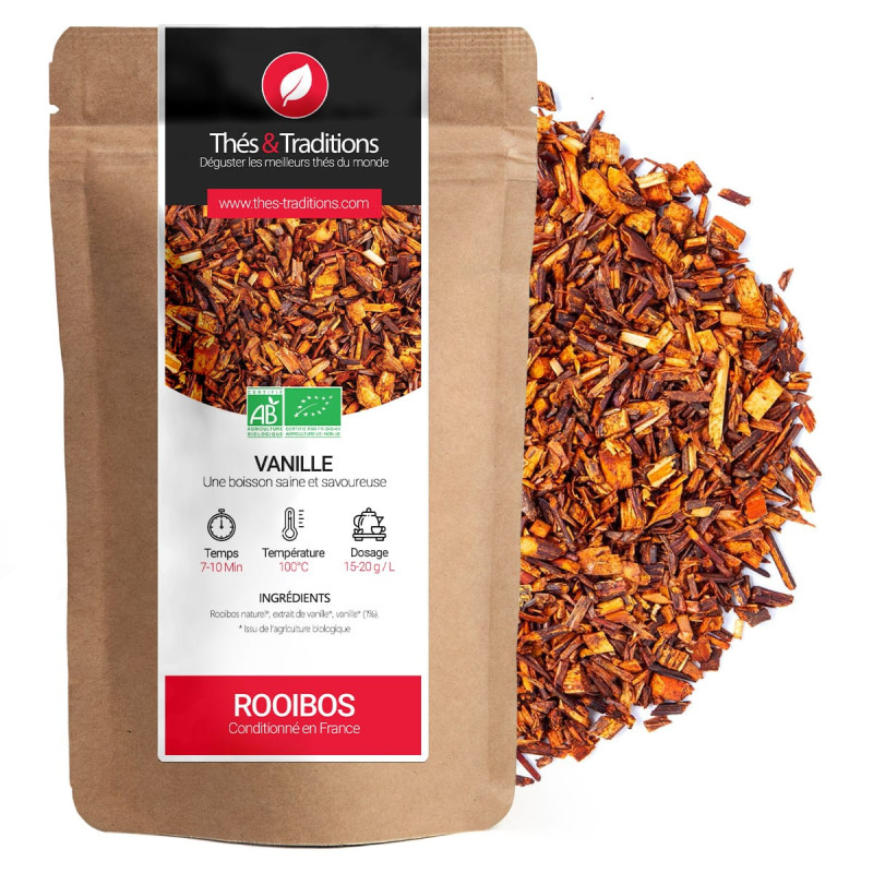 Rooibos vaniglia bio in sacchetto kraft con foglie di rooibos scoppiate rosse e gialle