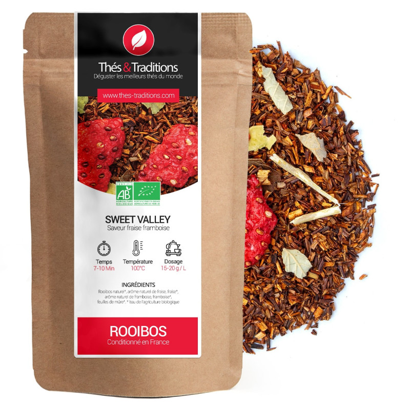 Rooibos Sweet Valley saveur fraise framboise sachet kraft bio avec infusion de rooibos et fruits rouges