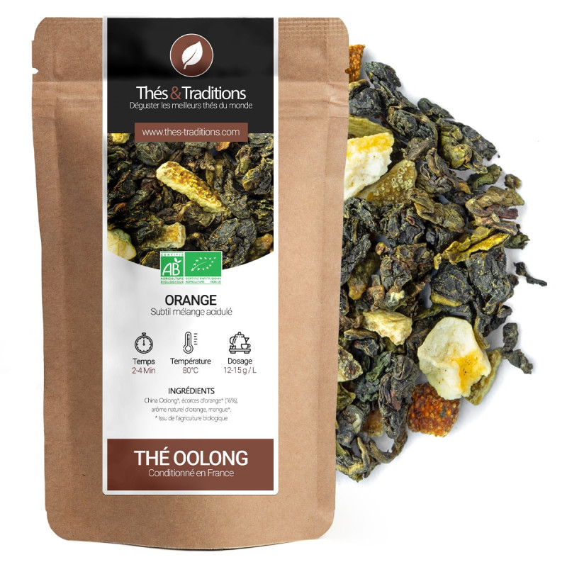 Thé oolong orange bio sachet kraft feuilles de thé et morceaux d'écorce d'orange