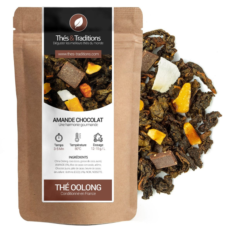 thé oolong amande chocolat sachet kraft morceaux d amande et chocolat éclats d agrumes