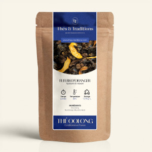 Wiederverschließbarer Kraftpapierbeutel mit Oolong Orangenblüten, Etikett in Marineblau und Gold von Thés & Traditions, Fenster 