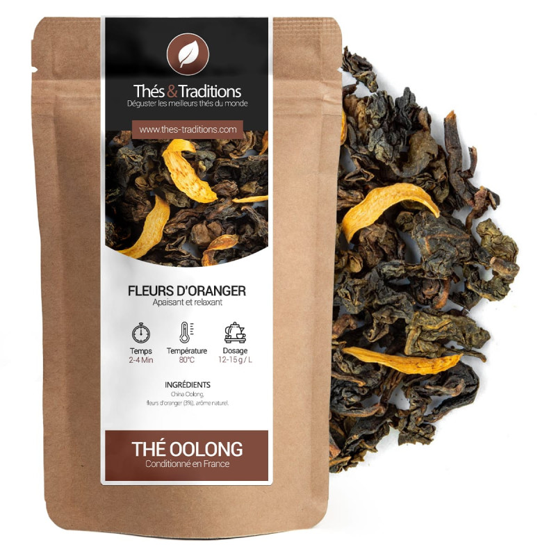Orange blossom oolong tea kraft bag tea leaves and dried orange petals
