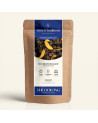Wiederverschließbarer Kraftpapierbeutel mit Oolong Orangenblüten, Etikett in Marineblau und Gold von Thés & Traditions, Fenster 