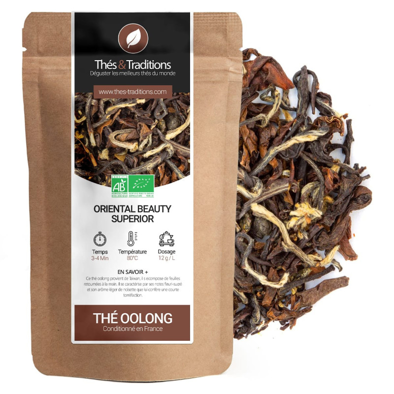 Thé oolong Oriental Beauty Superior en sachet kraft avec feuilles de thé bio séchées visibles