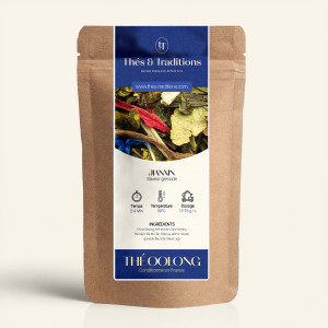 Wiederverschließbarer Kraftbeutel mit Oolong Jianxin, marineblauem und goldenem Etikett von Thés & Traditions, mit Sichtfenster 
