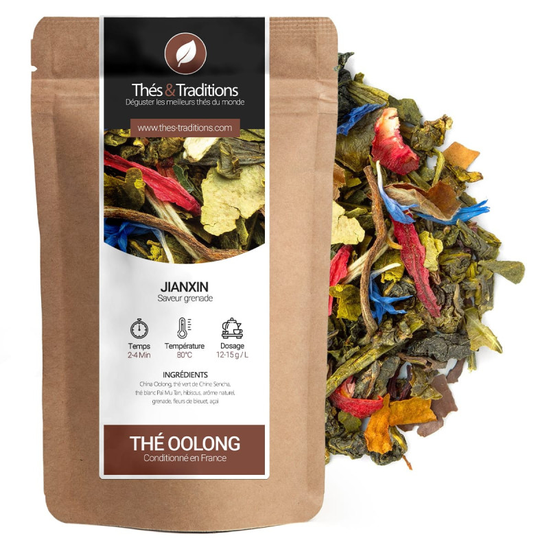 Thé oolong Jianxin saveur grenade feuilles de thé vert hibiscus fleurs de bleuet et pétales colorés