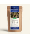 Wiederverschließbarer Kraftpapierbeutel mit Oolong Tie Guan Yin, dunkelblauem und goldenem Etikett von Thés & Traditions, mit Si