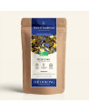 Wiederverschließbarer Kraftpapierbeutel mit Oolong Pfirsich Vanille, Etikett in Marineblau und Gold von Thés & Traditions, Fenst