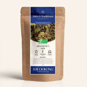 Wiederversiegelbarer Kraftpapierbeutel mit Oolong Java Halimun Jade, Etikett in Dunkelblau und Gold von Thés & Traditions, mit F
