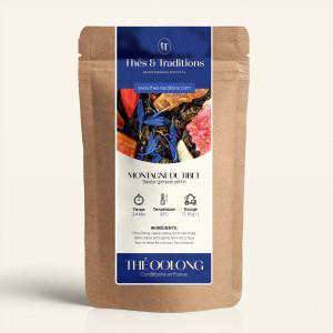 Wiederverschließbarer Kraftpapier-Beutel mit Oolong Montagne du Tibet, dunkelblau-goldenes Etikett von Thés & Traditions, Sichtf