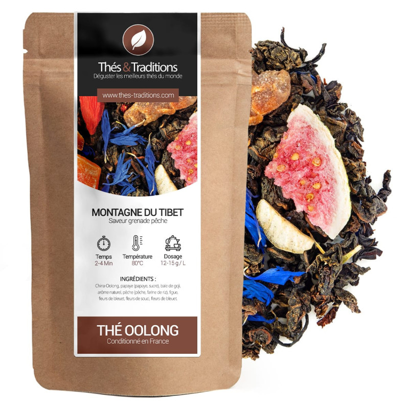 Oolong Montagne du Tibet thee smaak granaatappel perzik kraftzakje bladeren en gedroogd fruit