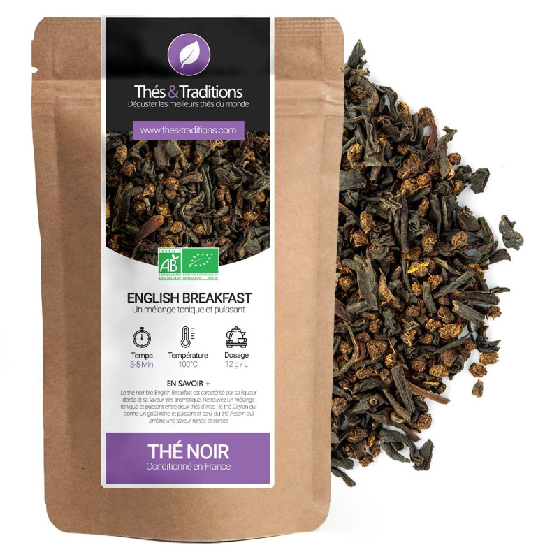 Zwarte English Breakfast thee los kraftzakje met wit en paars etiket biologisch verpakt in Frankrijk