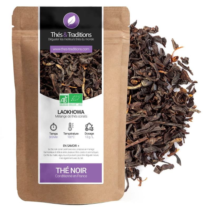 Thé noir Laokhowa en sachet kraft avec feuilles de thé noir bio corsé