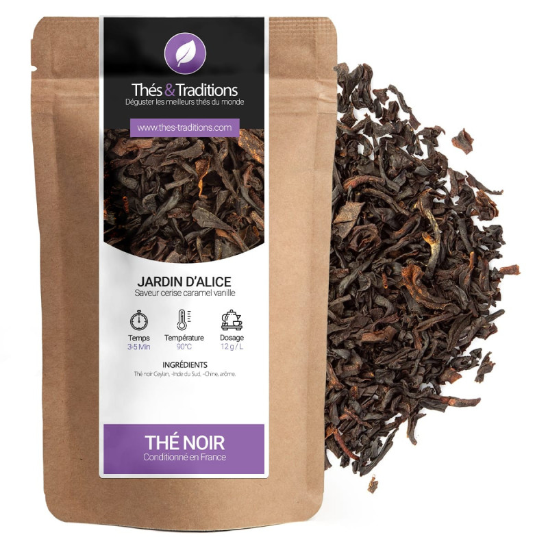Thé noir Jardin d'Alice saveur cerise caramel vanille en feuilles conditionné en sachet kraft