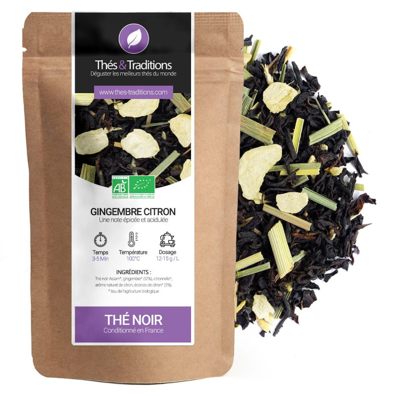 Thé noir gingembre citron en sachet kraft avec morceaux de gingembre et citron visibles