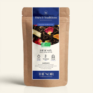 Wiederverschließbarer Kraftpapier-Beutel mit Schwarztee „Weihnachtstee“, etikett in Marineblau und Gold von Thés & Traditions, F