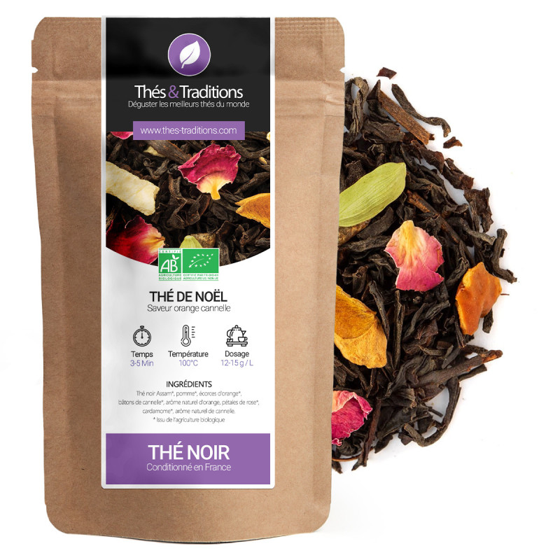 Organic Christmas black tea with orange cinnamon flavor with rose petals and cardamom in kraft bag