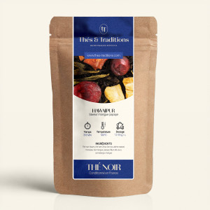 Verschließbarer Kraftpapierbeutel von Thé Noir Hawaipur, dunkelblauem und goldenem Etikett von Thés & Traditions, Fenster zeigt 