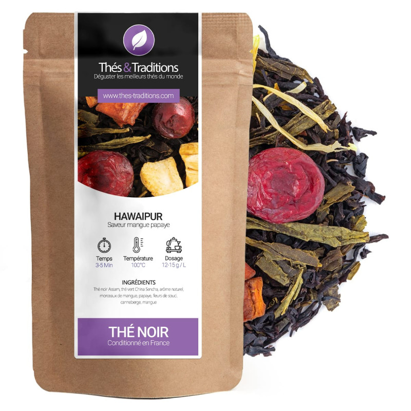 Zwarte Hawaipur thee smaak mango papaja kraftzakje met stukjes gedroogd fruit