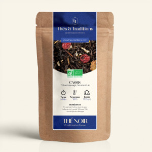 Wiederverschließbarer Kraftpapierbeutel mit Schwarztee Cassis, marineblaues und goldenes Etikett von Thés & Traditions, Sichtfen