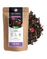 Organic blackcurrant black tea kraft bag with tea leaves and burst red berries