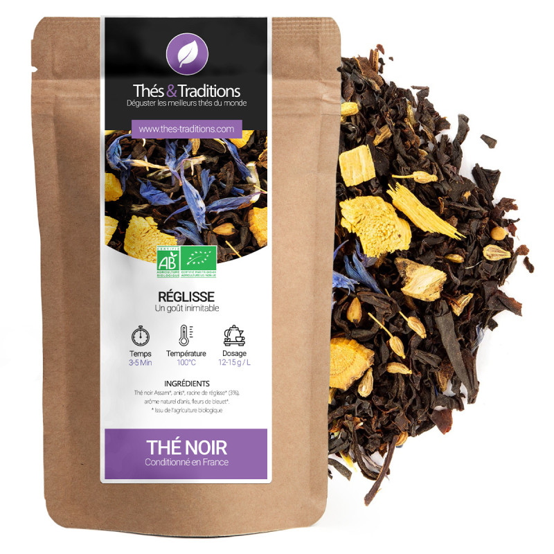Organic licorice black tea in kraft bag with licorice pieces and blue flowers