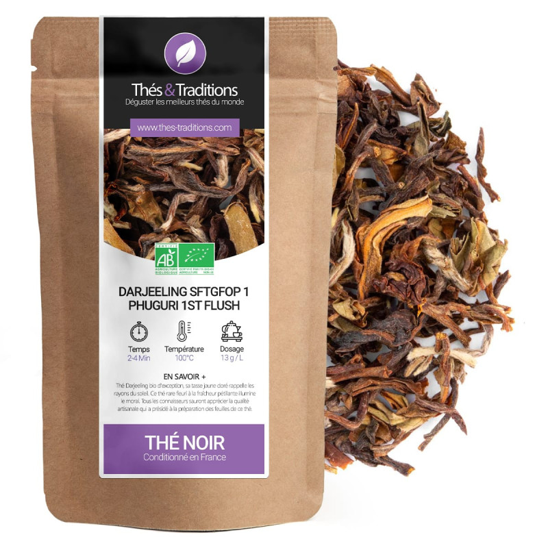 Zwarte Darjeeling Phuguri 1st Flush biologische thee kraftzakje en gedroogde theebladeren