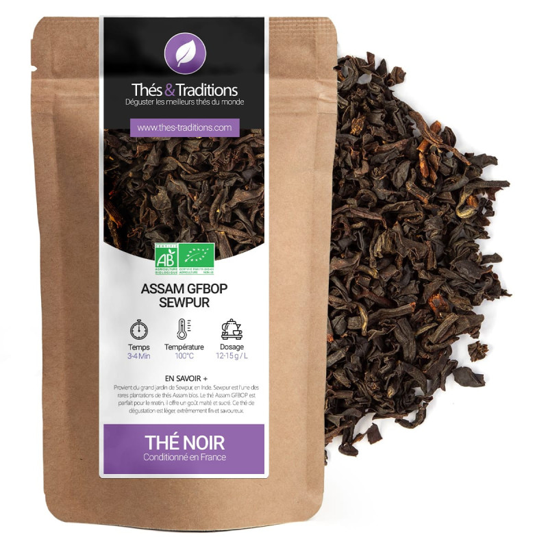 Zwarte Assam GFBOP Sewpur thee losse biologische bladeren verpakt in kraftzakje