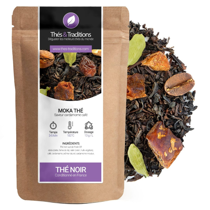 thé noir moka saveur cardamome café en feuilles avec morceaux de datte et grains de café