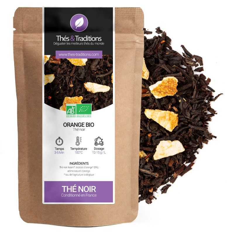 Thé noir orange bio en sachet kraft avec morceaux d'écorces d'orange visible