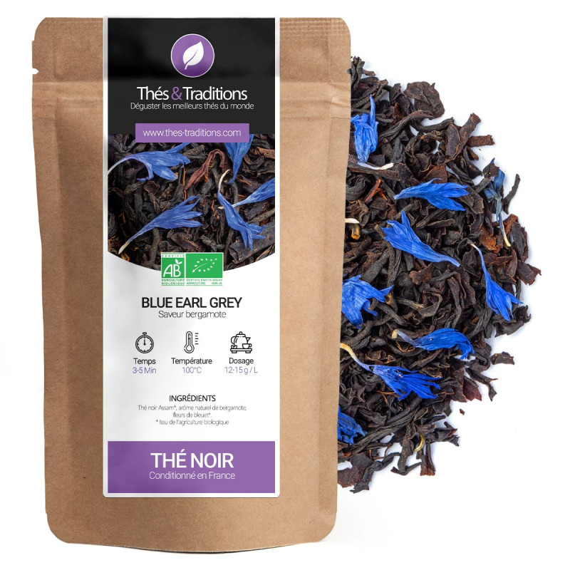 Blue Earl Grey black tea with blue flowers kraft bag Thés et Traditions organic