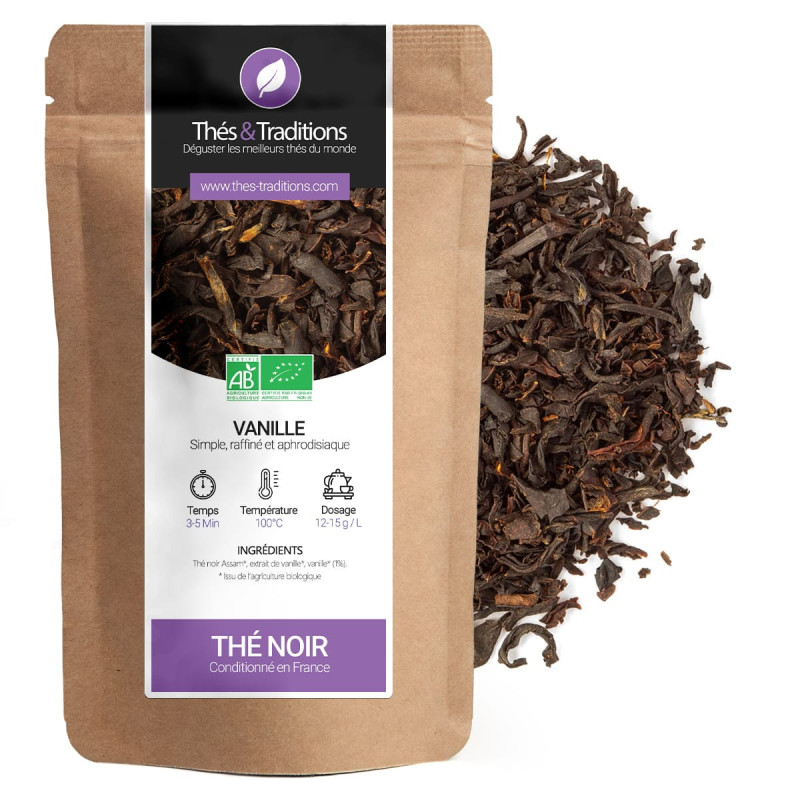 Thé noir vanille en vrac sachet kraft avec étiquette blanche et violette bio conditionné en France