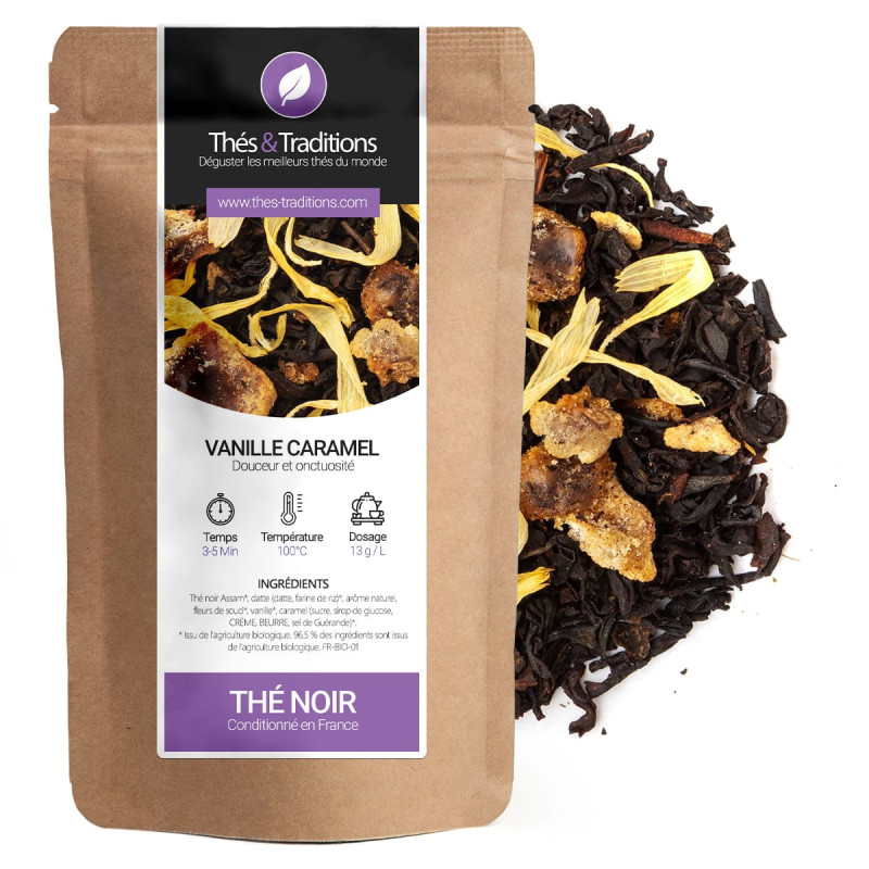 thé noir vanille caramel sachet kraft ingrédients visibles morceaux de caramel et fleurs jaunes