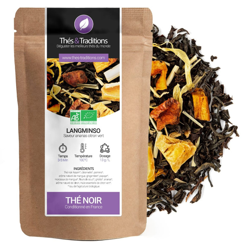 Zwarte thee Langminso smaak ananas limoen kraft zakje bio met stukjes gedroogd fruit