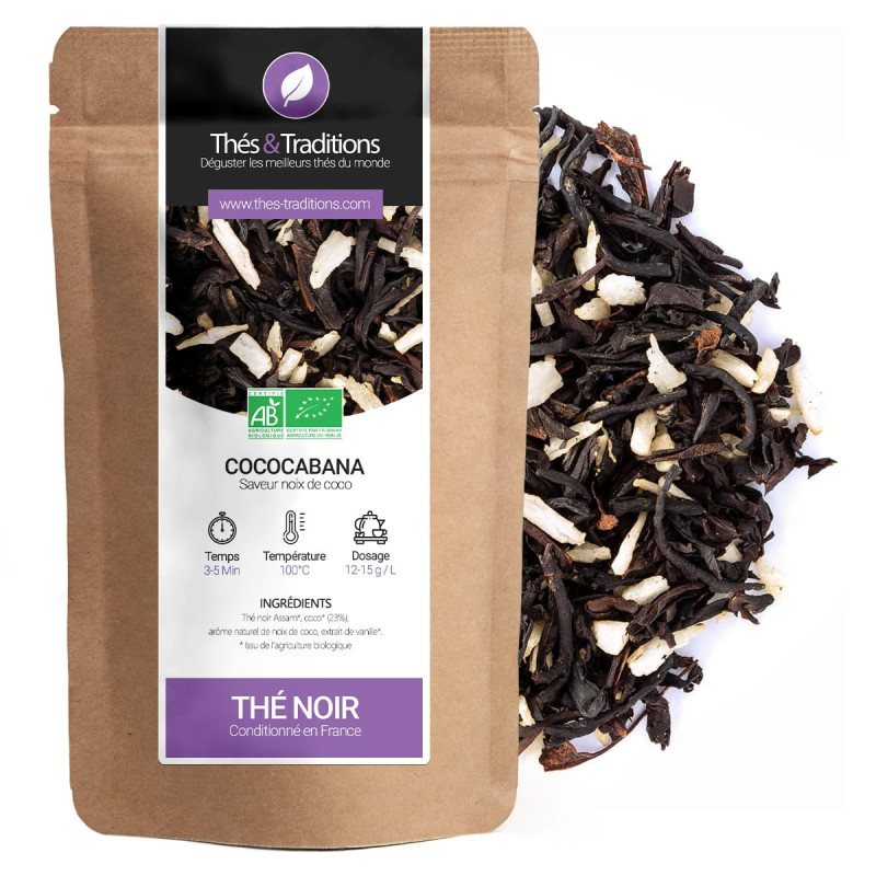 Zwarte thee Cococabana smaak kokosnoot kraft zakje en biologische theebladeren