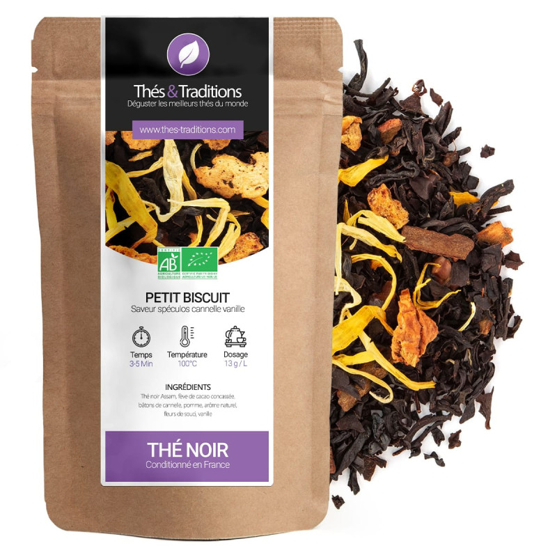 petit biscuit black tea speculoos cinnamon vanilla flavor in organic kraft bag with visible tea leaves and spices