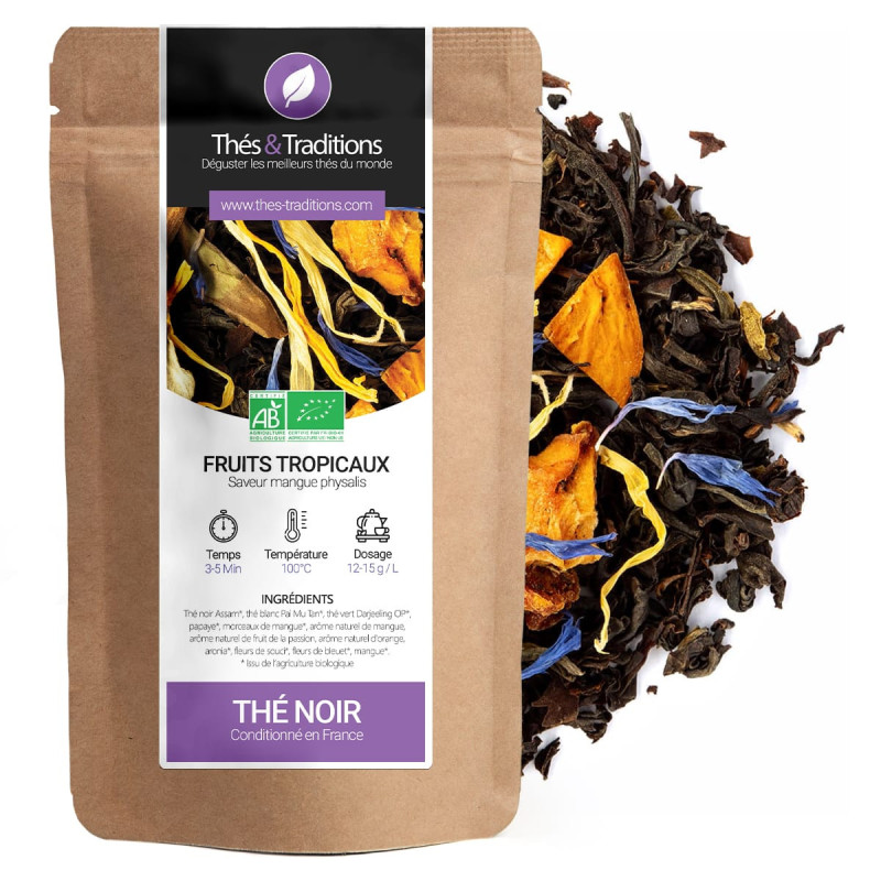 Thé noir fruits tropicaux sachet kraft bio avec morceaux de mangue et fleurs séchées