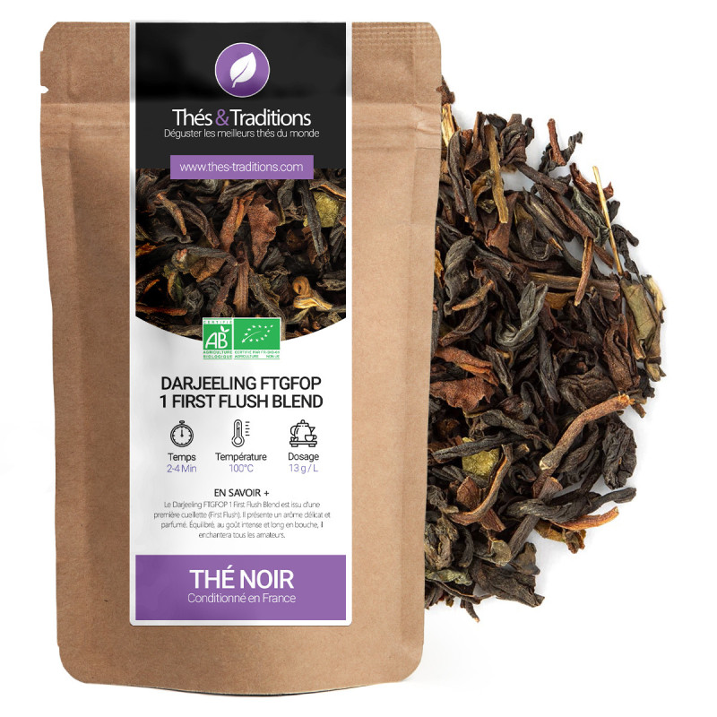 Zwarte thee Darjeeling FTGFOP 1 First Flush Blend biologische losse bladeren kraft zakje Thés et Traditions