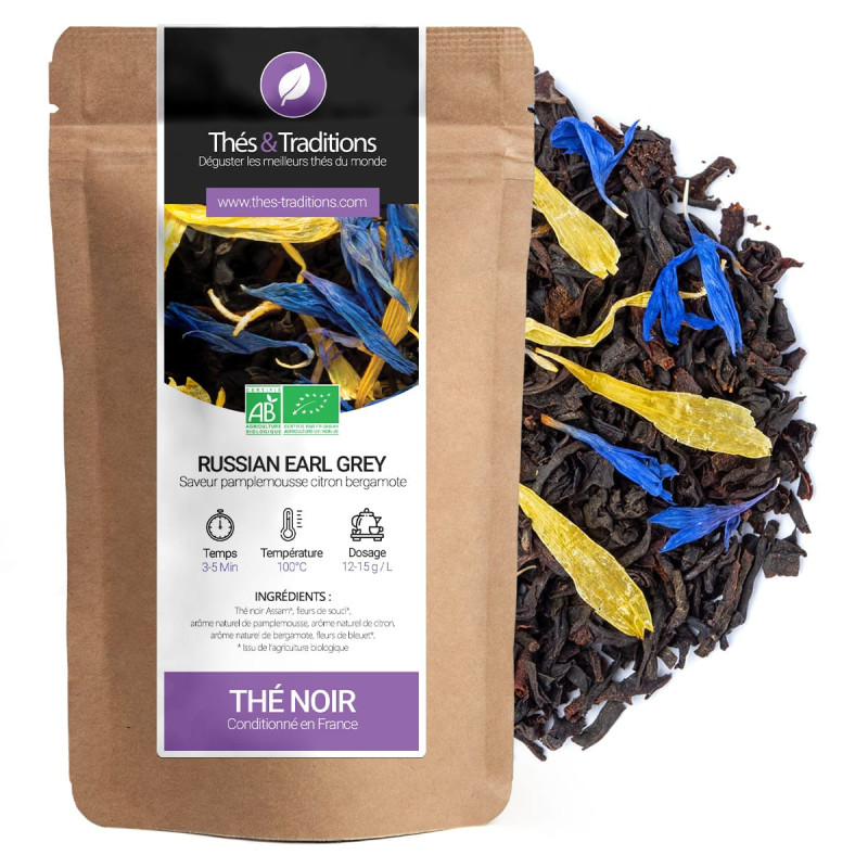 Thé noir Russian Earl Grey Thés et Traditions sachet kraft fleurs bleu et jaune bio