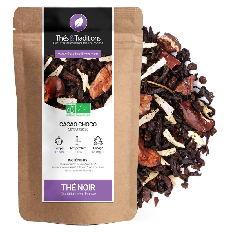 Tè nero cacao choco in sacchetto kraft con pezzi di fave di cacao e spezie bio