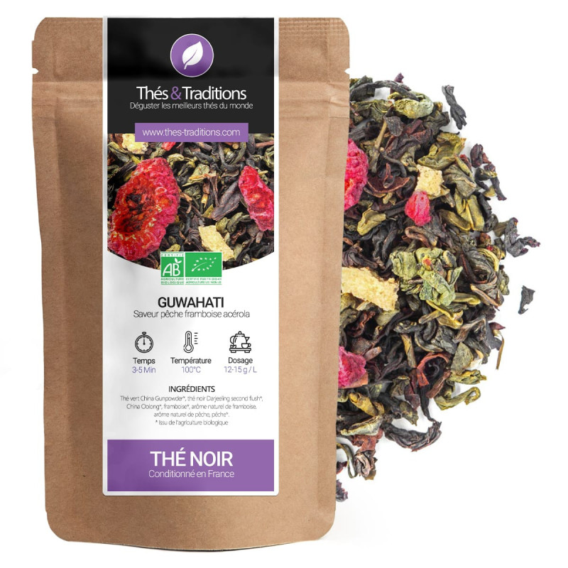 Zwarte thee Guwahati smaak perzik framboos acerola kraft zakje bio en gemengde theebladeren