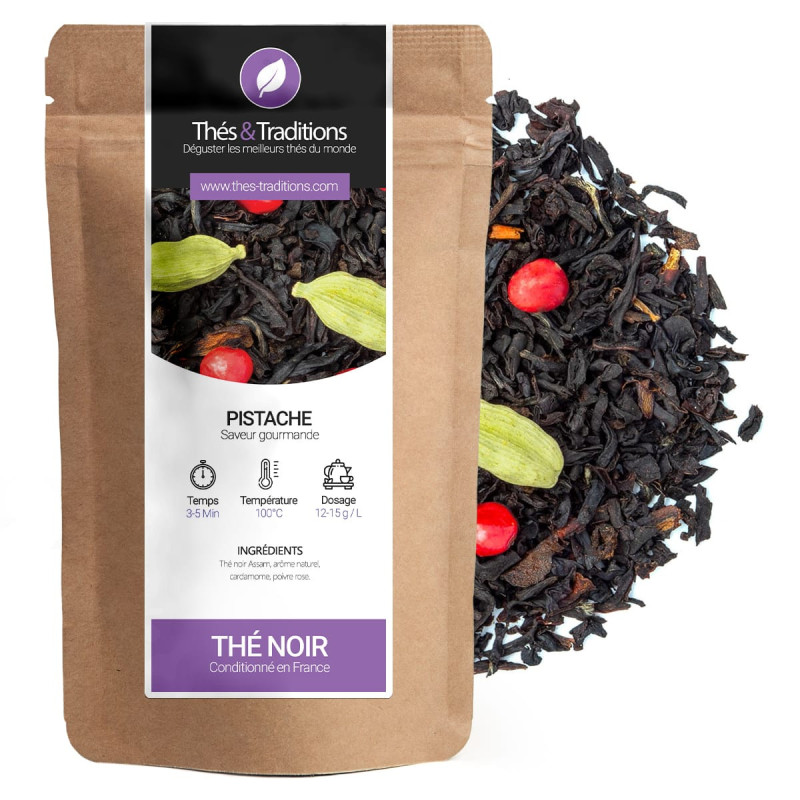 Black tea with pistachio, cardamom and red berries kraft bag packaged in France