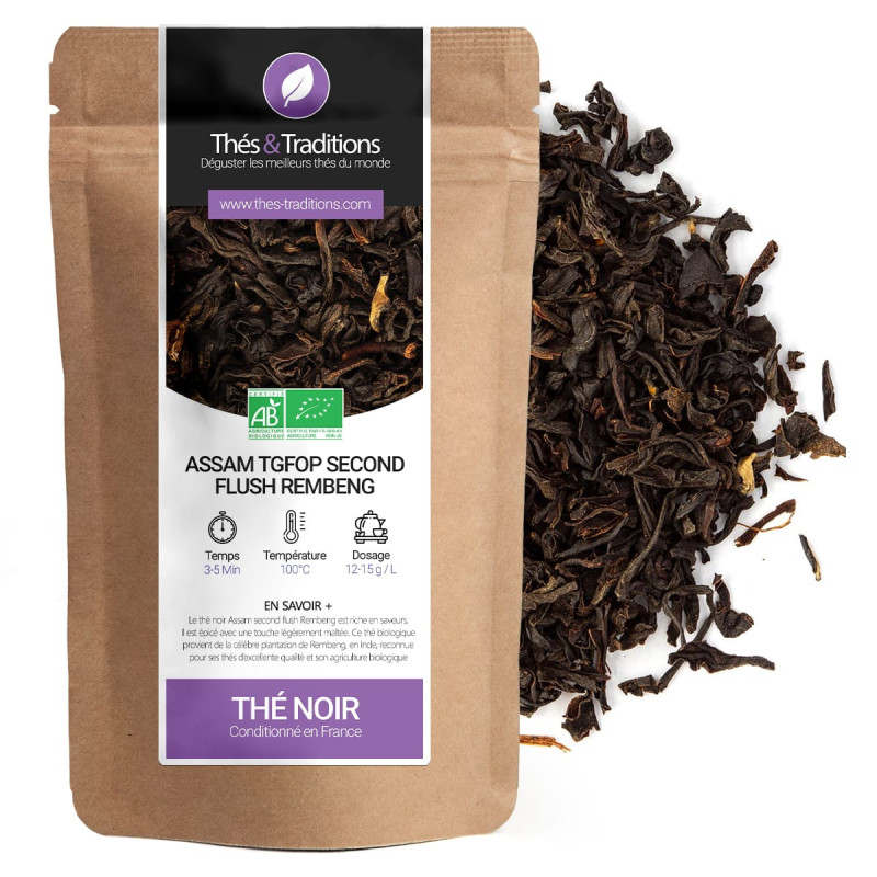 Thé noir Assam TGFOP Second Flush Rembeng feuilles en vrac sachet kraft bio conditionné en France