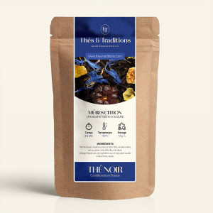 Nachfüllbarer Kraftpapierbeutel schwarzer Tee Brombeeren Zitrone, Etikett Marineblau und Gold Thés & Traditions, Sichtfenster ze