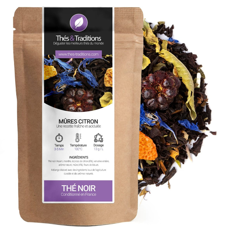 Blackberry lemon black tea kraft bag with black tea leaves blackberries and citrus peels