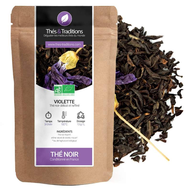 Tè nero alla violetta biologico sacchetto kraft con fiori secchi confezionato in Francia