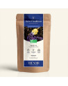 Wiederverschließbarer Kraftpapier-Beutel mit Schwarztee Violette, dunkelblau-goldenes Etikett von Thés & Traditions, Sichtfenste