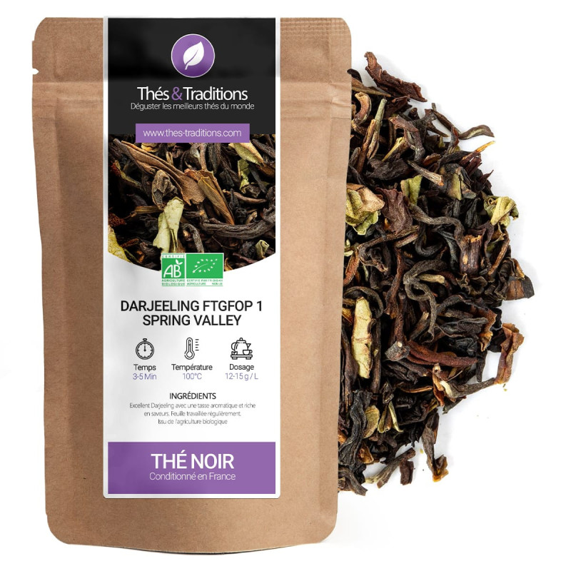 Thé noir Darjeeling FTGFOP 1 Spring Valley feuilles en vrac sachet kraft bio