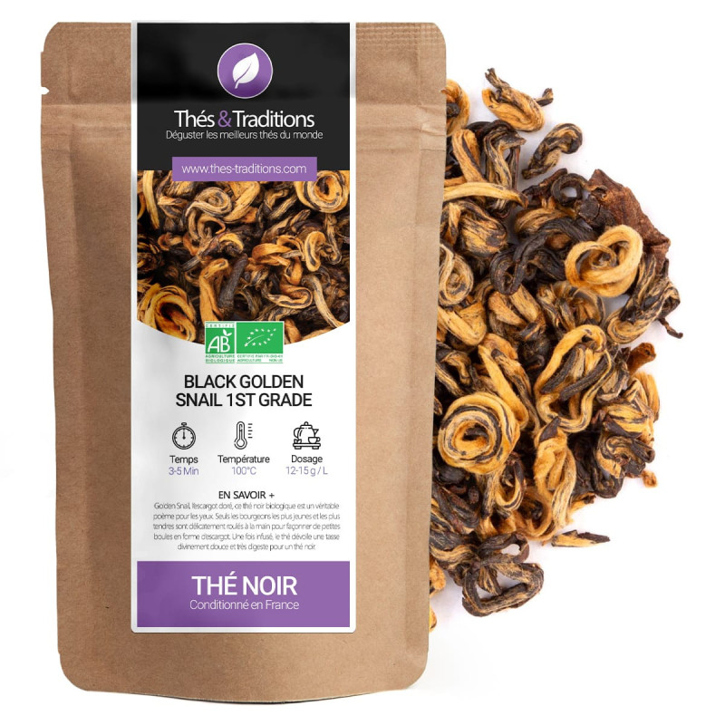 Thé noir Black Golden Snail feuilles roulées bio en vrac conditionné en sachet kraft