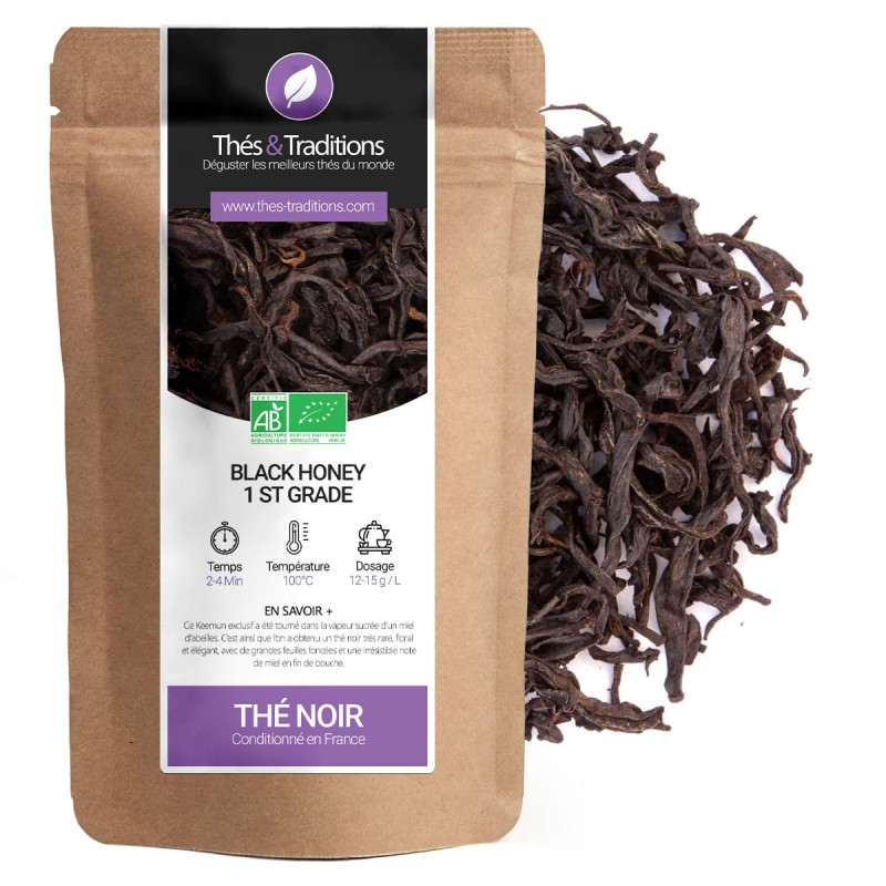 Zwarte thee Black Honey 1st Grade los kraft zakje met wit en paars etiket bio